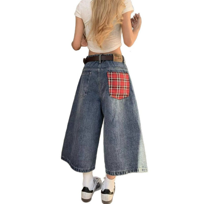 Women's jeans summer retro women's stitching loose cropped pants