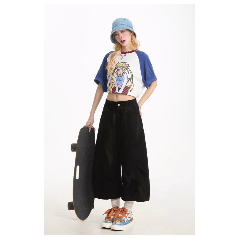 Women's jeans retro women's summer loose cropped pants