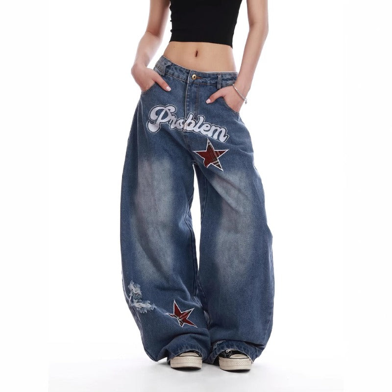 Women Jeans Vintage Star Embroidered Jeans Summer Loose Casual Pants