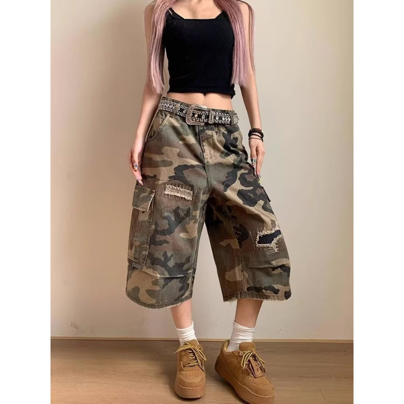 Women's jeans women's camouflage tooling loose cropped pants