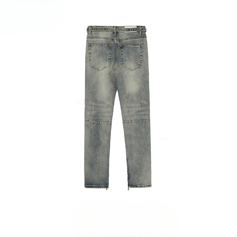 MIJKO Men Vintage Pants MIJKO Knee Ripped Pants Zipper Pants Jeans