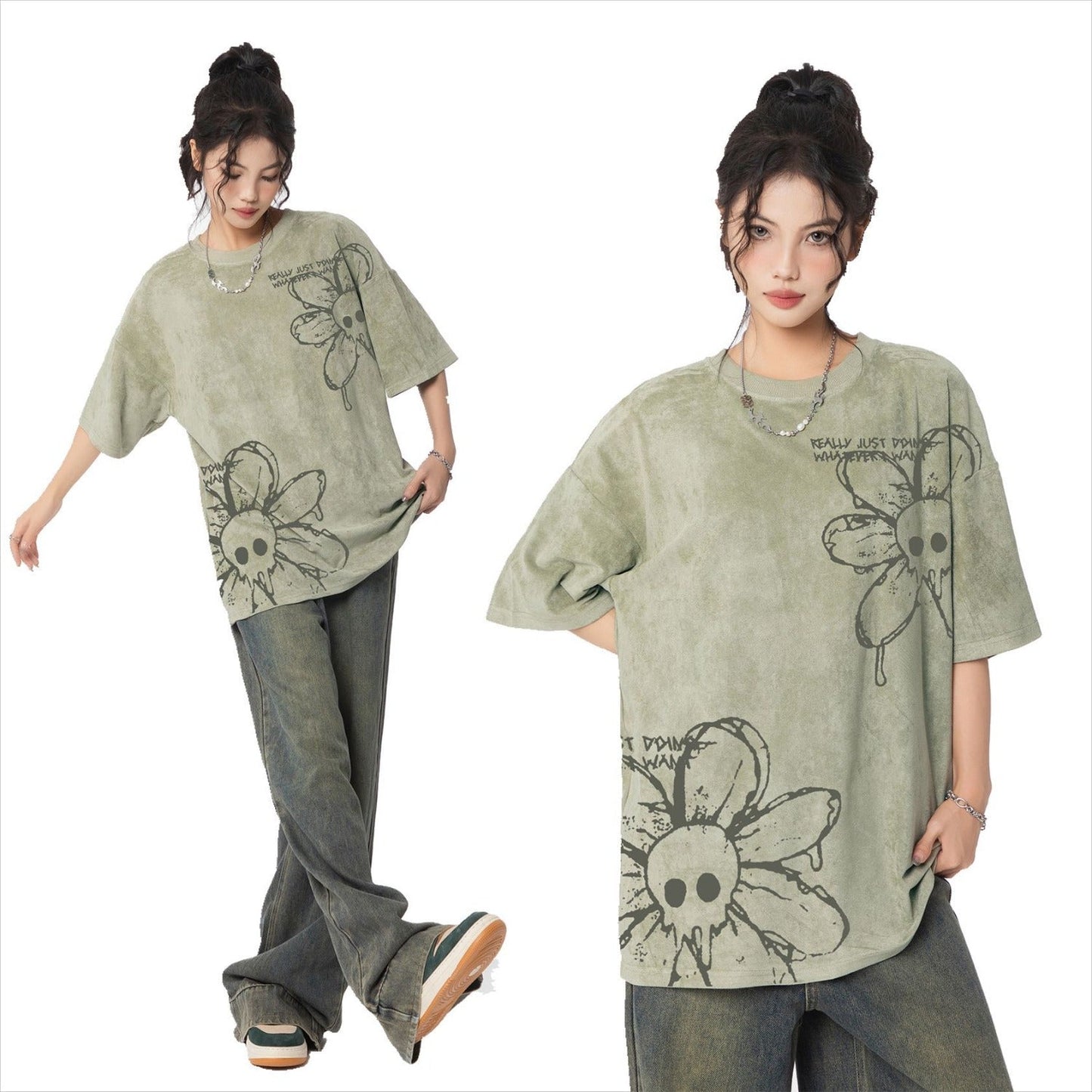 Unisex T-shirts Spring Vintage Hand Painted Flower Casual Loose Short Sleeve T-Shirt
