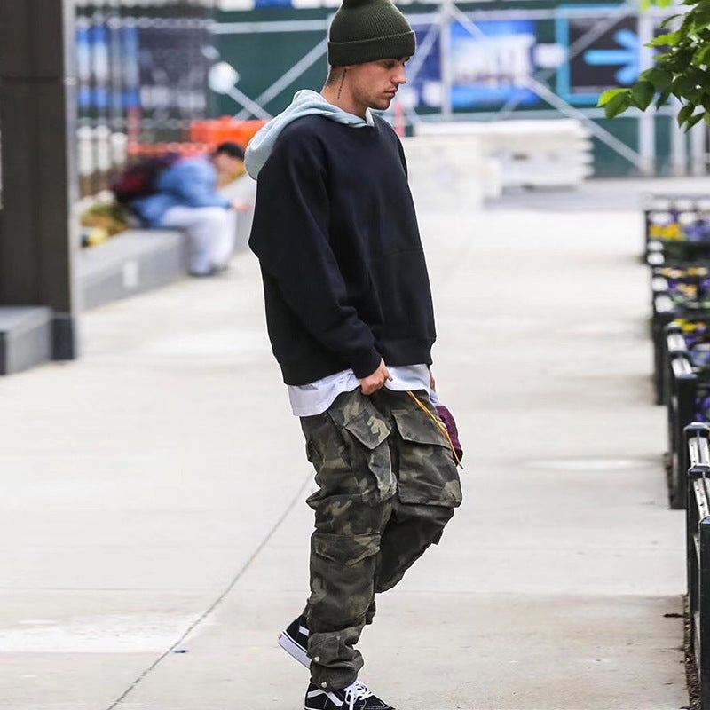 MIJKO Mens Vintage Pants Multi-pocket-breasted camouflage slacks