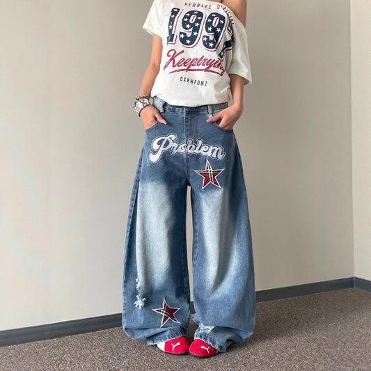 Women's Jeans Letter Star Embroidery Women's Loose Floor Pants