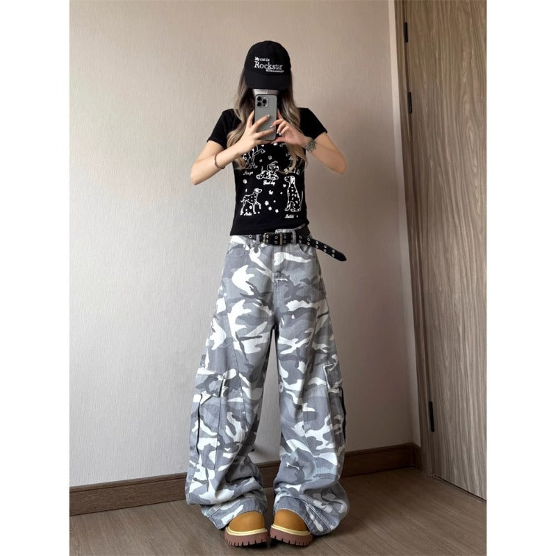 Women's jeans women's summer retro white camouflage slacks