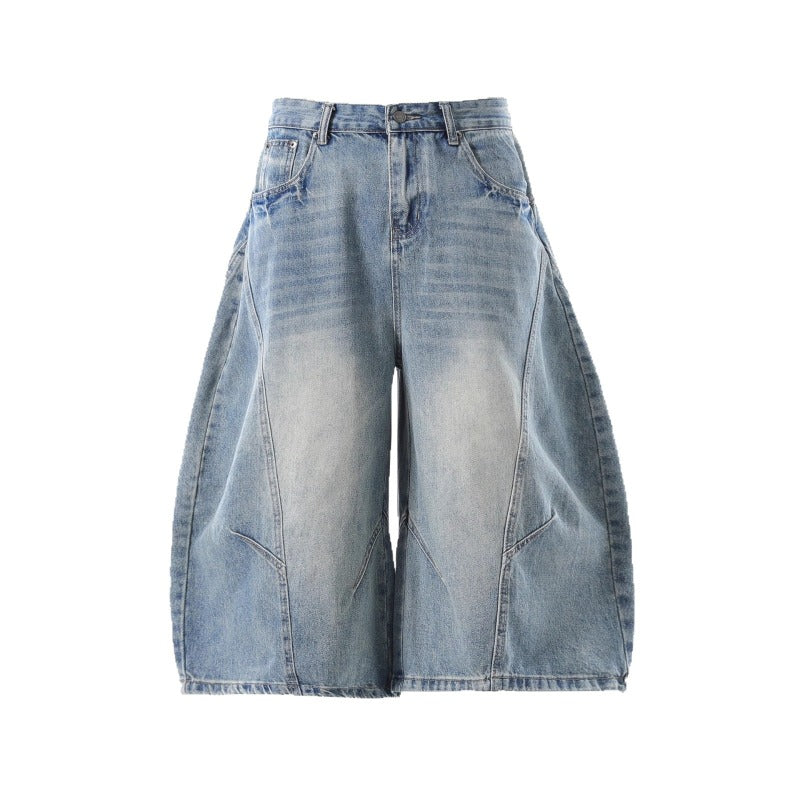 Women jeans retro washed scimitar jeans summer wide leg loose shorts