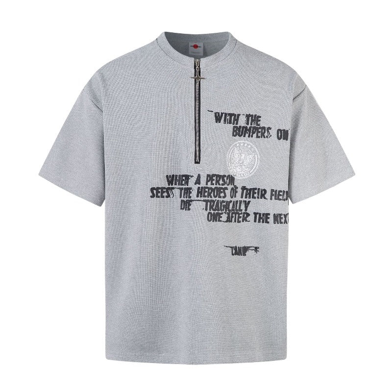Men's t-shirt: american street style summer waffle knit premium letter print design, men's loose fit zip-up short sleeve tee