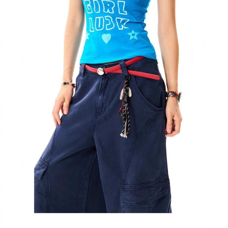 Women jeans retro multi flap pocket pants