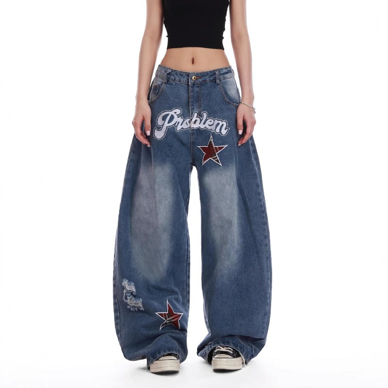 Women Jeans Vintage Star Embroidered Jeans Summer Loose Casual Pants