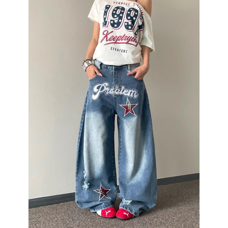 Women's Jeans Letter Star Embroidery Women's Loose Floor Pants