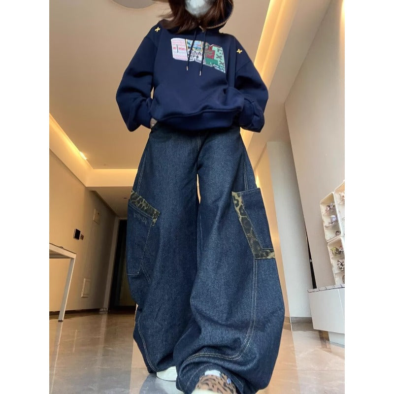 Women's Jeans Vintage Leopard Patchwork Large Pocket Women's Loose Scimitar Pants