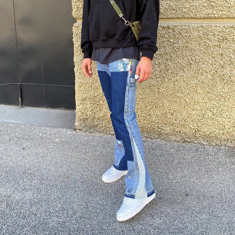 MIJKO Mens Vintage Pants Patch Beggar Jeans