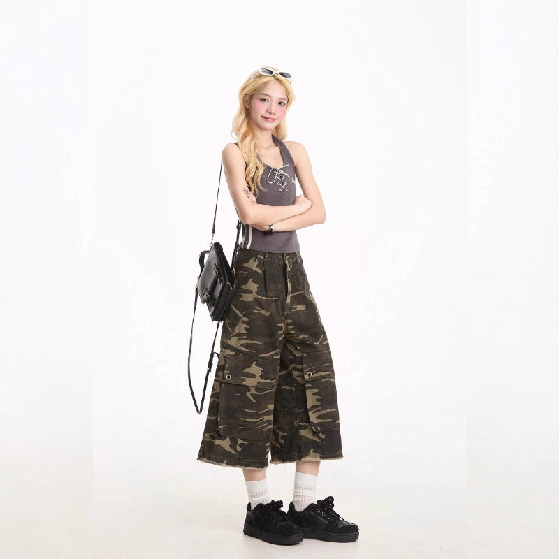 Women jeans retro camouflage loose cropped pants