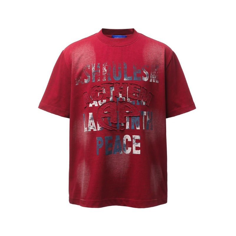 Men's t-shirt - american retro heavyweight double yarn patch letter print design - men's high street oversized short sleeve tee
