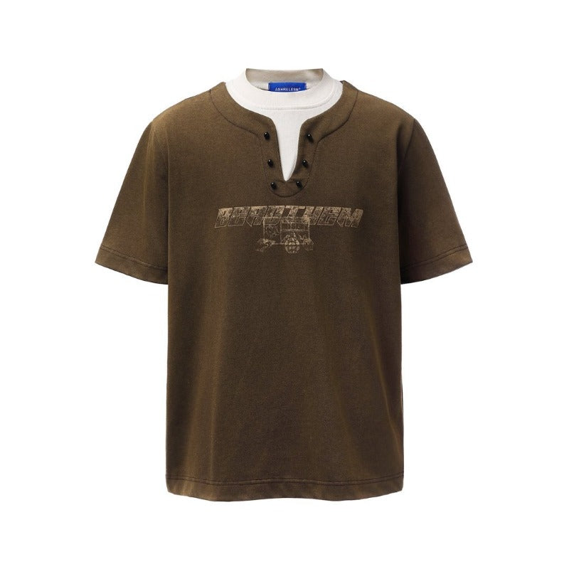 Men t shirt american retroheavy weightg double yarn high quality street trendy patchwork color matching high street men's loose short-sleeved t-shirt