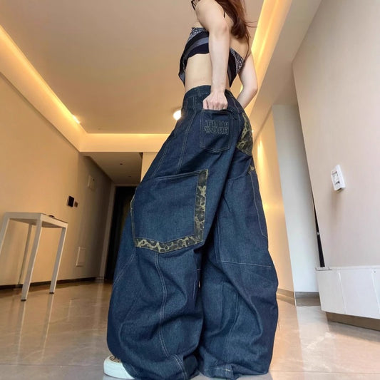 Women's Jeans Vintage Leopard Patchwork Large Pocket Women's Loose Scimitar Pants
