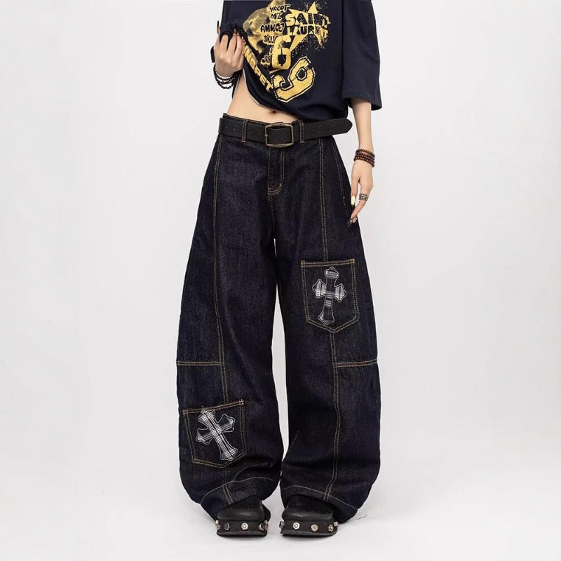 Women's Jeans Women's Loose Cross Patch Embroidered Splicing Wide Leg Jeans