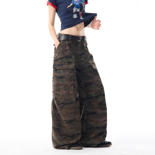Women's jeans women's retro camouflage loose wide-leg pants