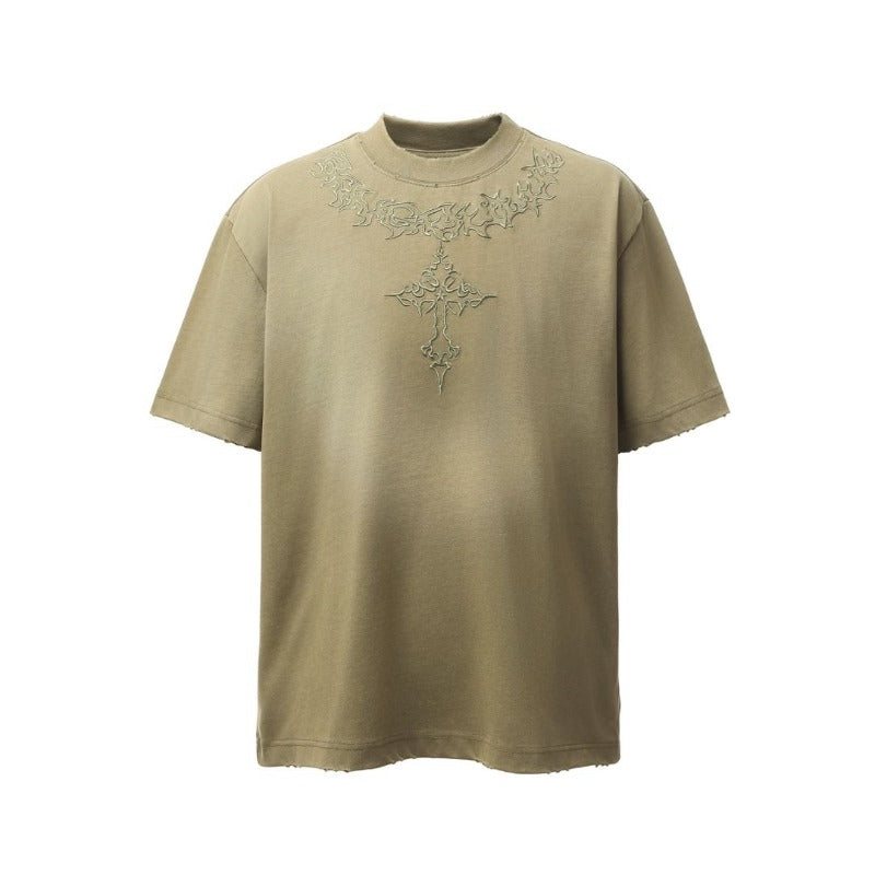 Men's t-shirt - american retro heavyweight double yarn distressed embroidered graphic design, men's high street oversized short sleeve tee