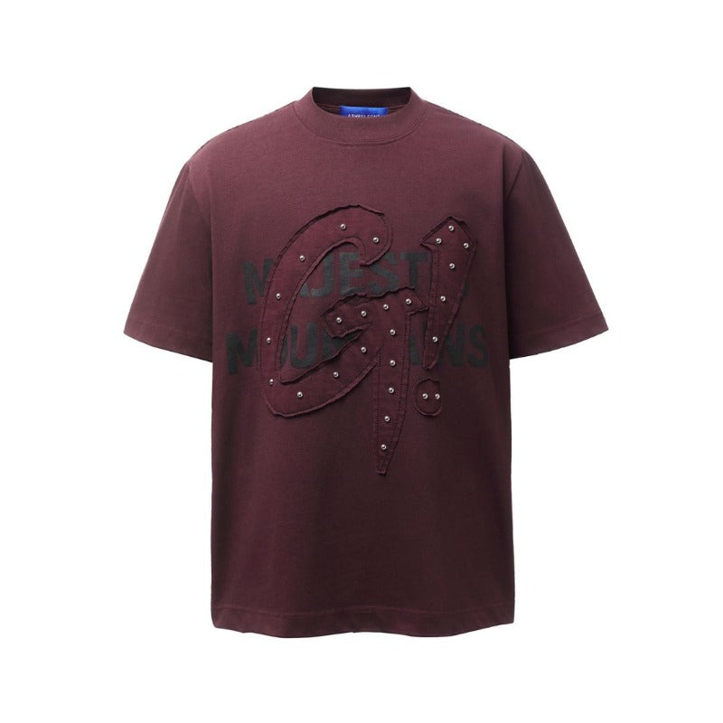 Men's t-shirt - american retro heavyweight double yarn letter patch print design - men's high street oversized short sleeve tee