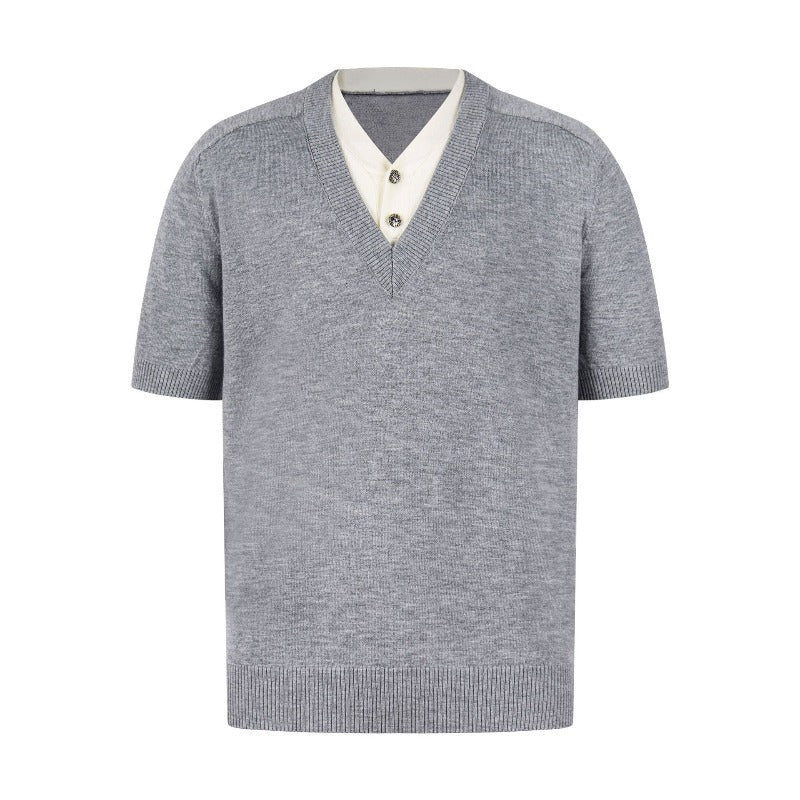 Men t shirt w american retroneutral style old money style knitting shirt fake two-piece design men's high street loose short-sleeved t-shirt