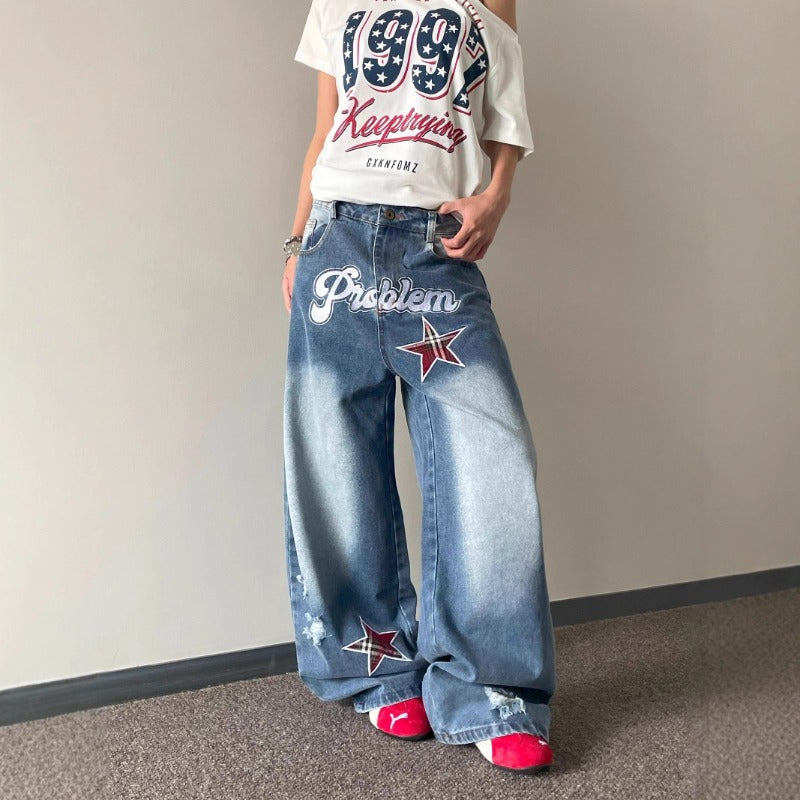 Women's Jeans Letter Star Embroidery Women's Loose Floor Pants