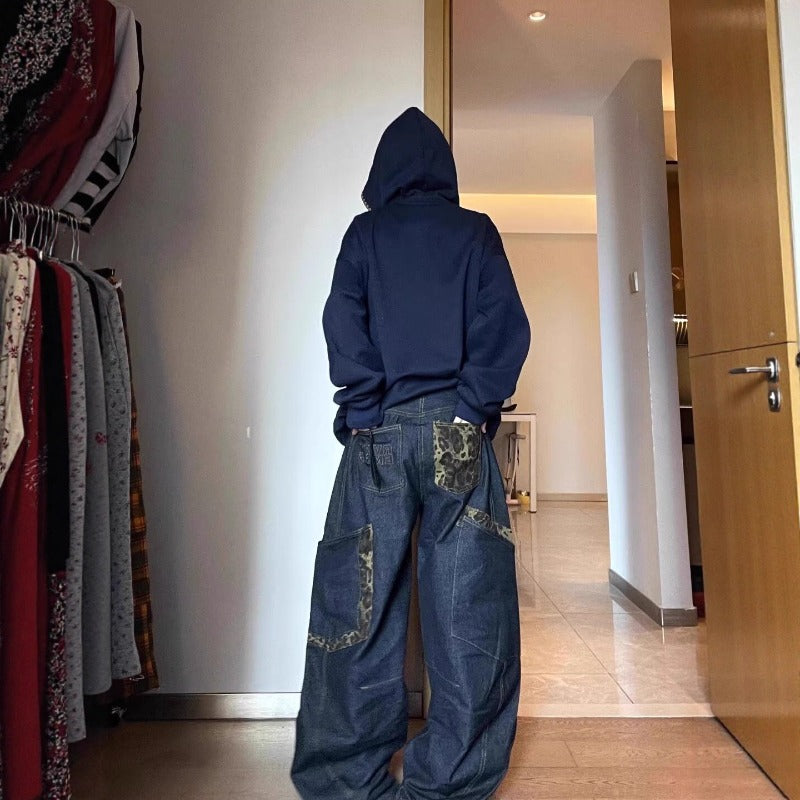 Women's Jeans Vintage Leopard Patchwork Large Pocket Women's Loose Scimitar Pants