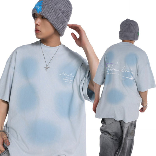 Unisex T-shirts summer washed old inkjet men's loose short-sleeved T-shirt