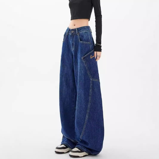 Women's jeans spring and autumn large pocket women's clothing retro floor-mopping wide-leg pants