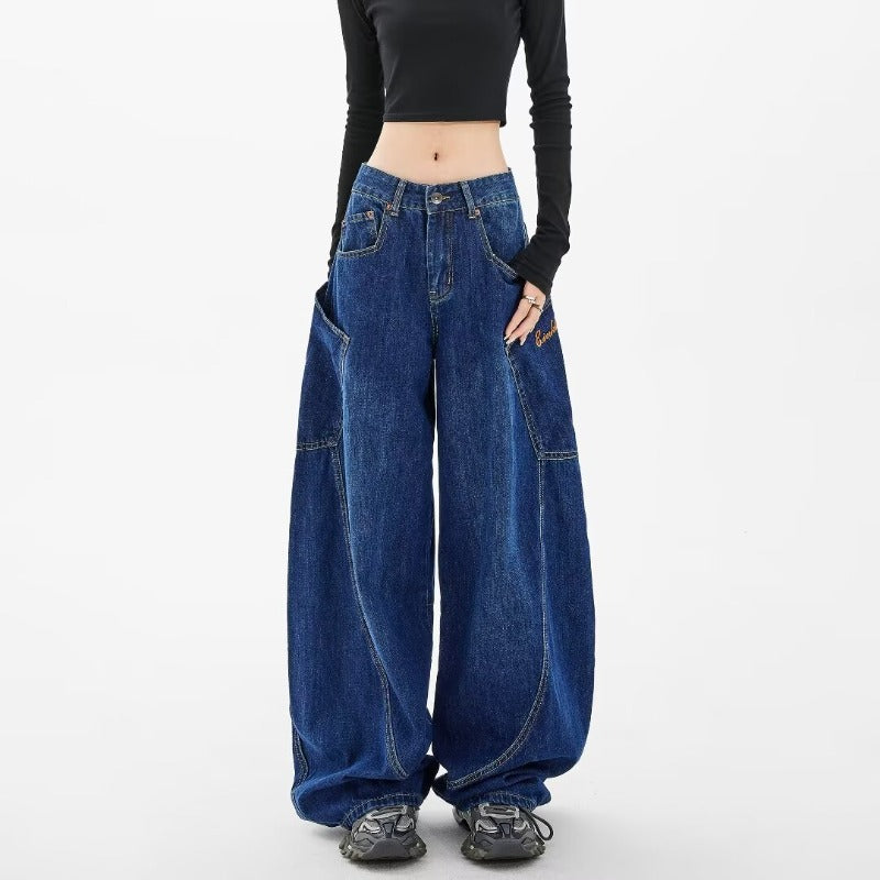 Women's jeans spring and autumn large pocket women's clothing retro floor-mopping wide-leg pants