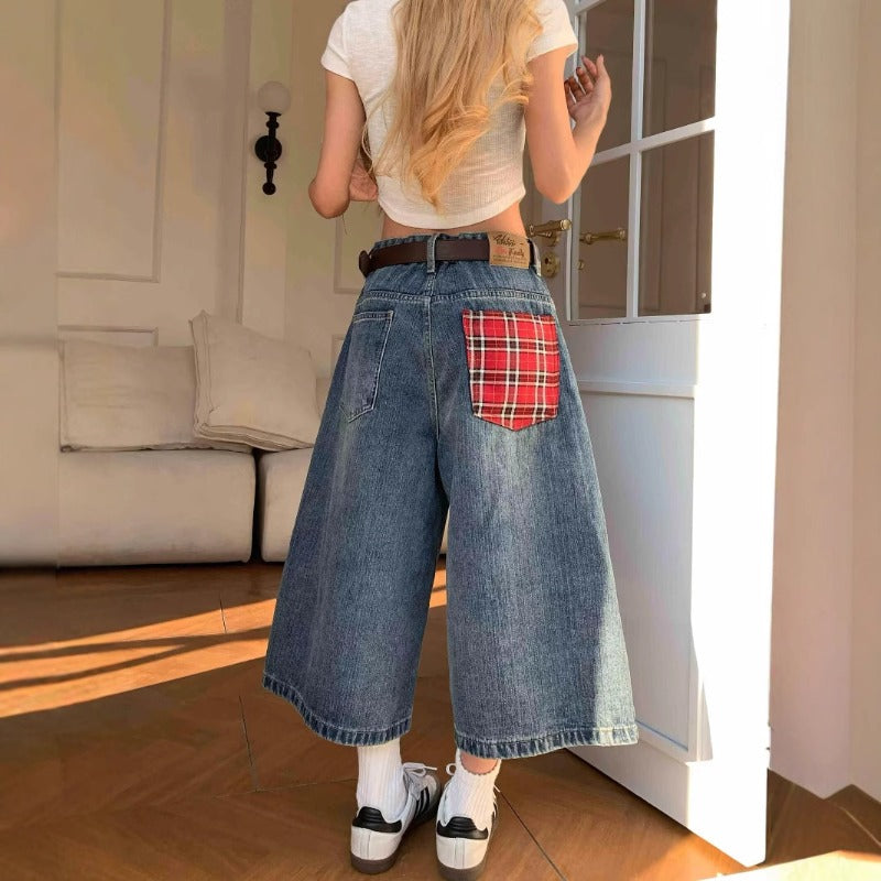 Women's jeans summer retro women's stitching loose cropped pants