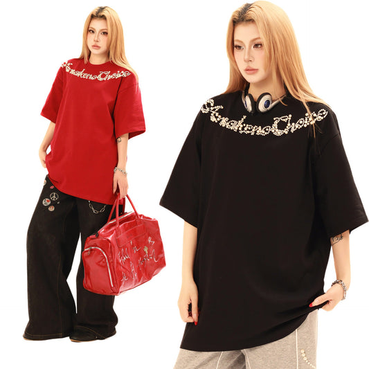 Unisex T-shirts Street Vintage Beaded Men's Loose Short Sleeve T-Shirt