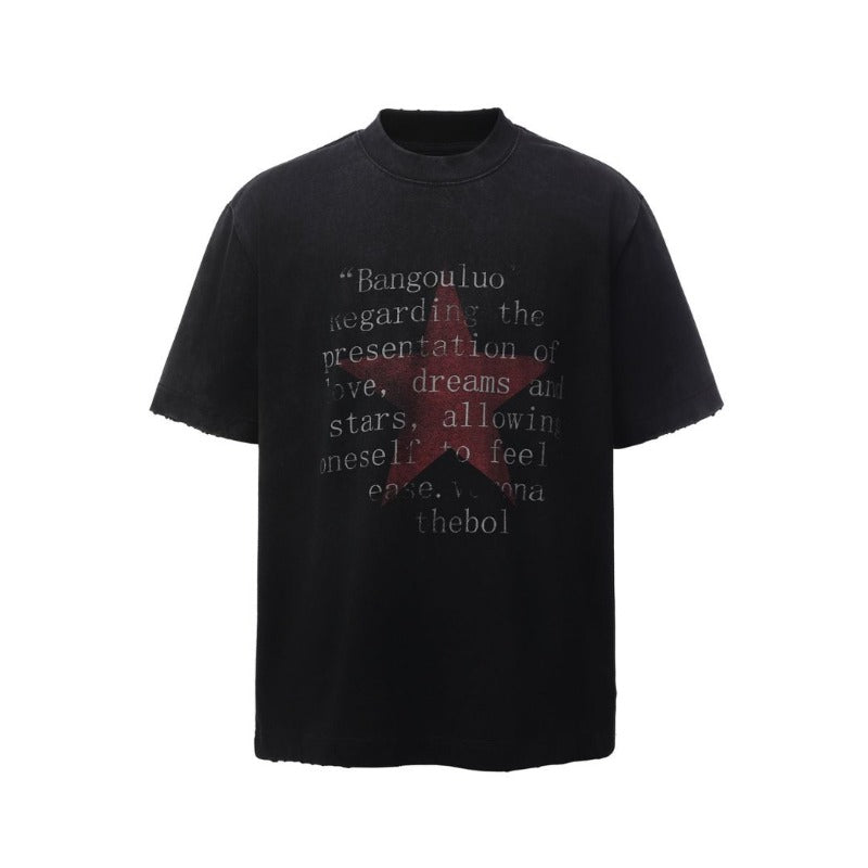 Men's t-shirt - american retro heavyweight double yarn distressed print design, men's high street oversized short sleeve tee