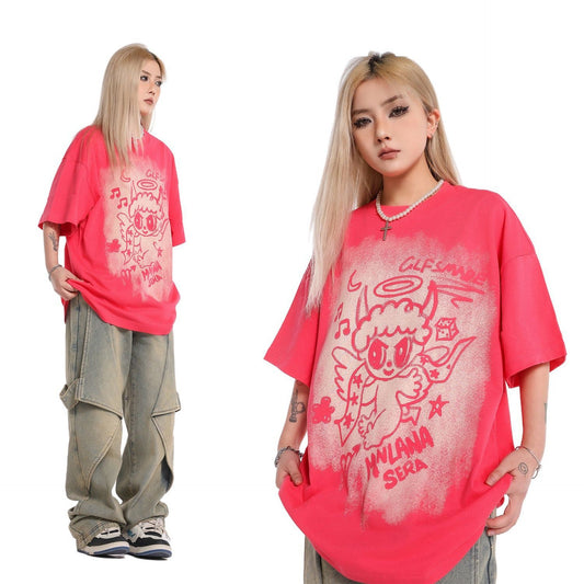 Unisex T-shirts Summer Cartoon Angel Men's Loose Crew Neck Short Sleeve T-Shirt