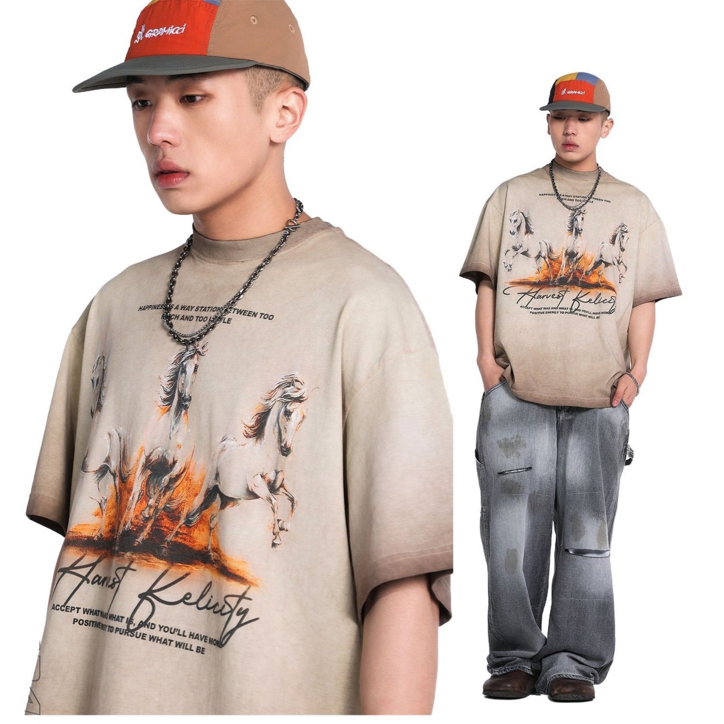 Unisex T-shirts Summer Wash Men's Loose Short Sleeve T-Shirt