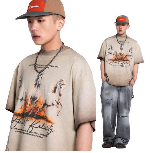 Unisex T-shirts Summer Wash Men's Loose Short Sleeve T-Shirt