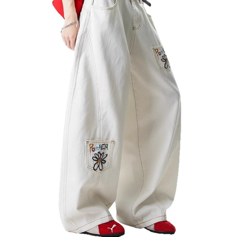 Women's jeans vintage flower embroidery print women's summer loose trousers