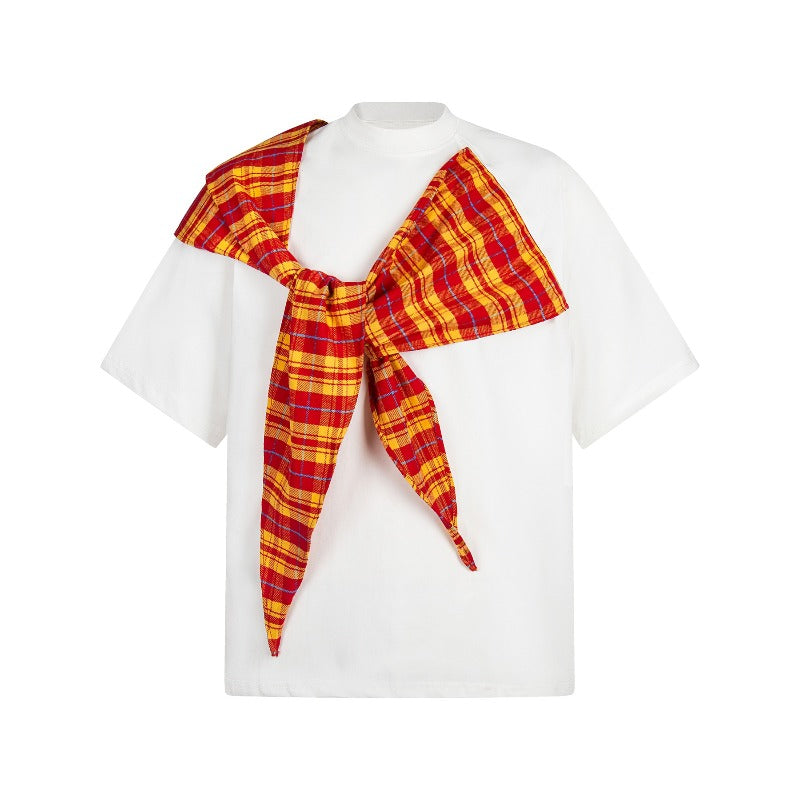 Men's t-shirt: american retro unisex style, double-yarn square scarf accent, short sleeve design, men's loose fit short sleeve t-shirt