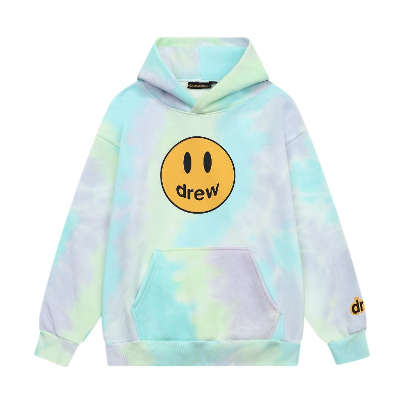 Drew house hoodie fall and winter d@ew tie-dye smiley face pattern pullover hooded sweatshirt