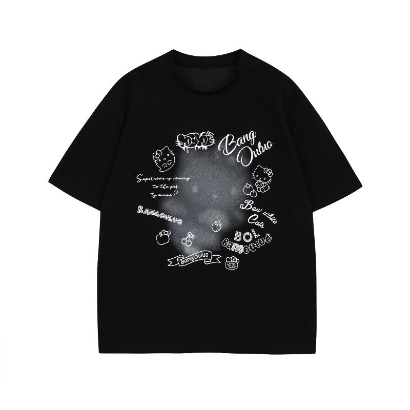 Men's t-shirt - american street style, premium summer design with cartoon hello kitty graphic, loose fit short sleeve tee