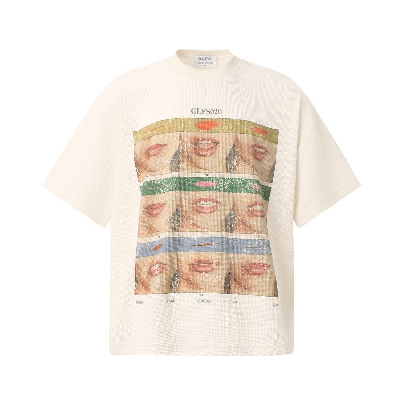 Men t shirt t american retrocouple street trendy waffle grids fun character design high street men's loose small round neck t-shirt