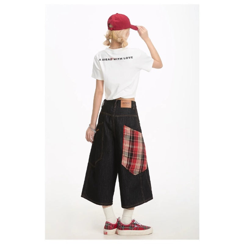 Women's jeans retro plaid stitched women's summer loose cropped pants