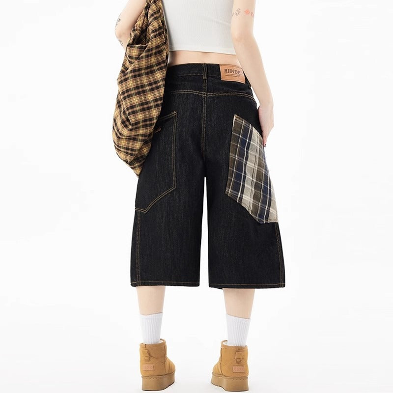 Women's jeans retro plaid stitching seven-point jeans women's loose