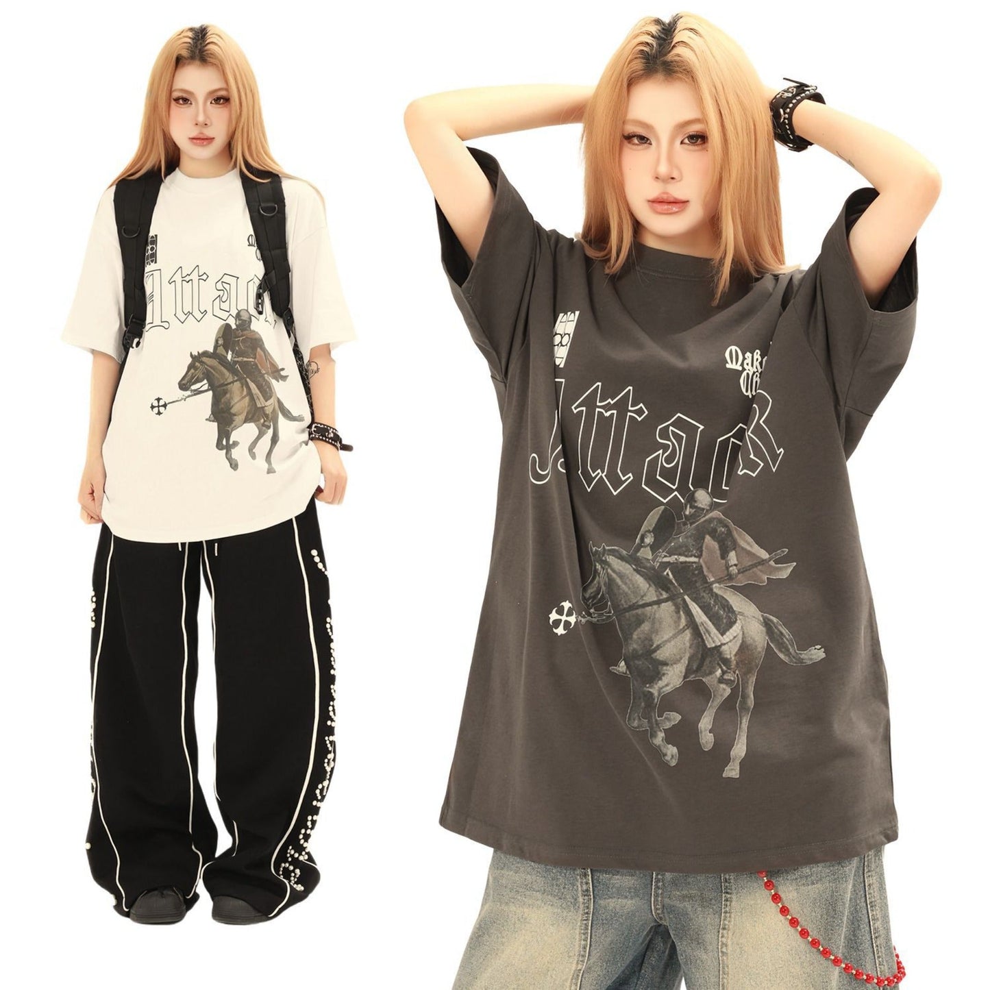 Unisex T-shirts Street Vintage Cavalry Character Men's Loose Short Sleeve T-Shirt