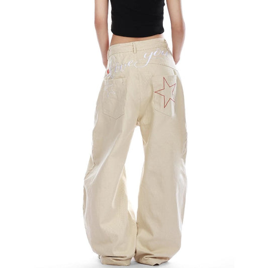Women Jeans Star Embroidered Jeans Straight Loose Wide Leg Pants