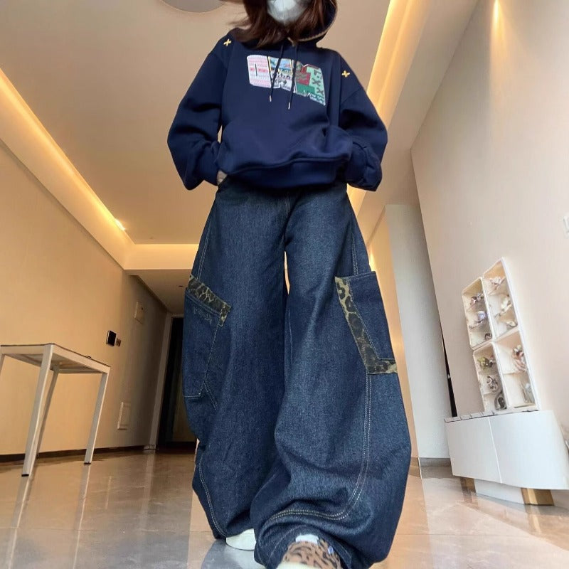 Women's Jeans Vintage Leopard Patchwork Large Pocket Women's Loose Scimitar Pants