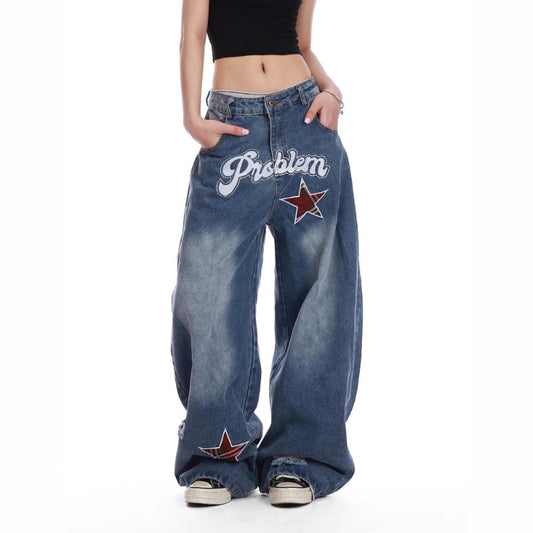Women Jeans Vintage Star Embroidered Jeans Summer Loose Casual Pants