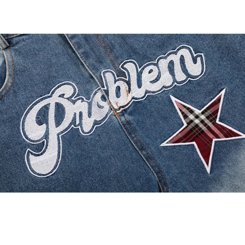Women Jeans Vintage Star Embroidered Jeans Summer Loose Casual Pants