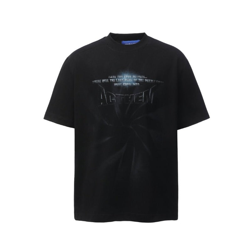 Men's t-shirt - american retro heavyweight double yarn high-quality high street washed distressed printed men's loose fit short sleeve t-shirt
