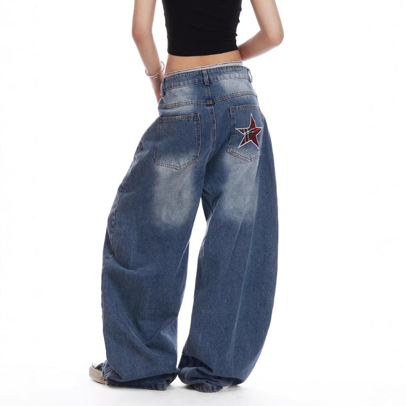 Women Jeans Vintage Star Embroidered Jeans Summer Loose Casual Pants